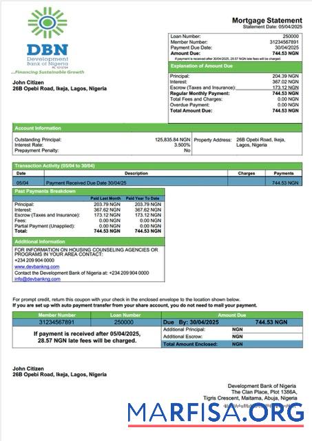 Realistic Nigeria Development Bank of Nigeria mortgage statement Word and PDF template